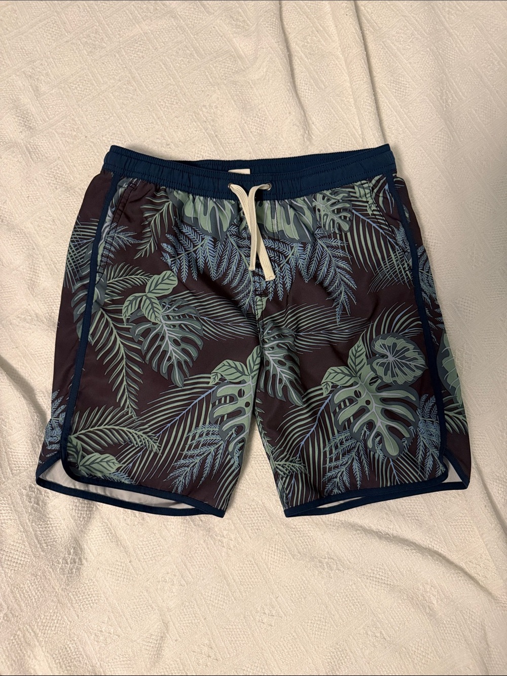 Fair Harbor XL Boys  Navy Swim Trunks with Green Tropical Leaf Print